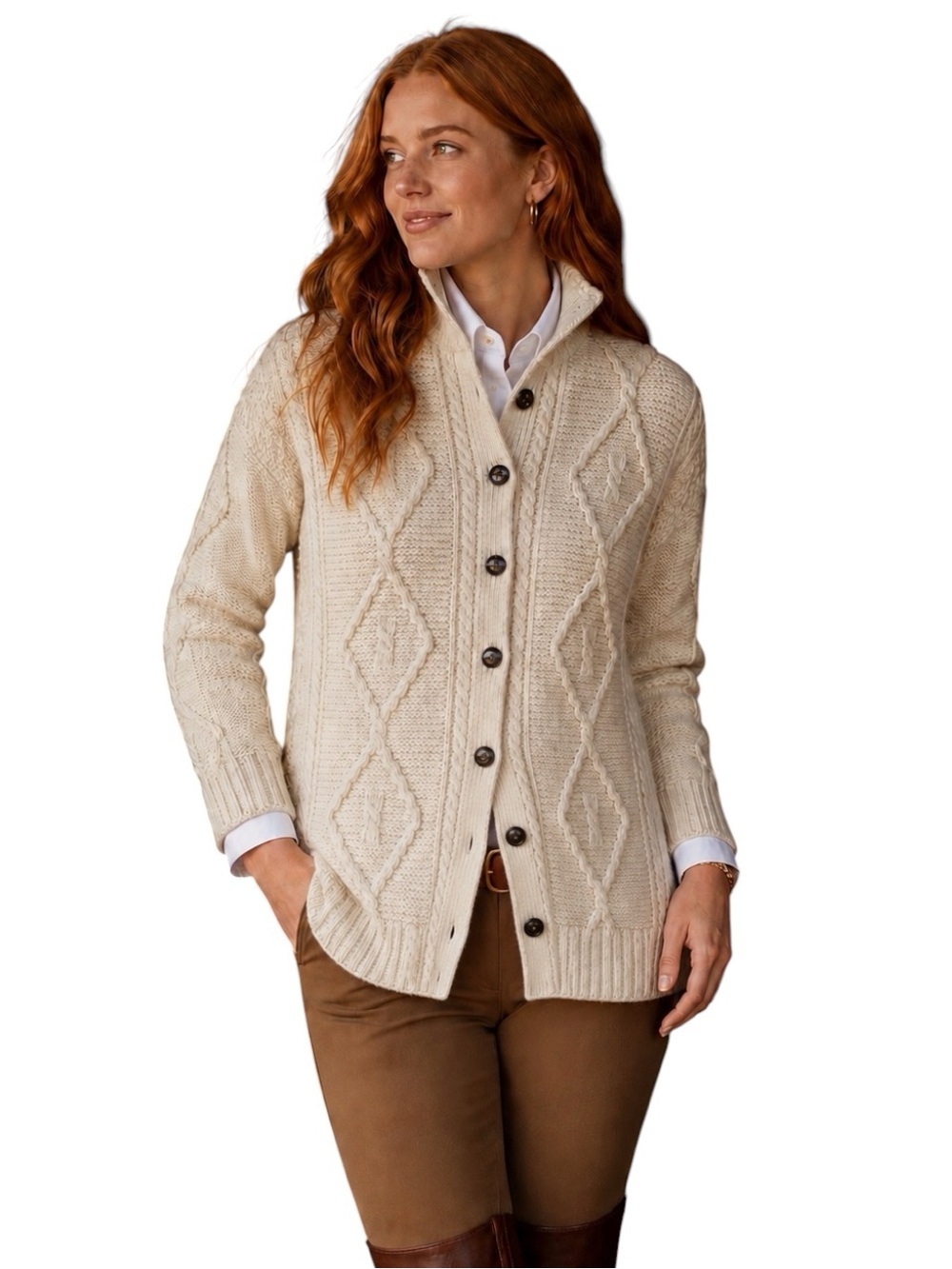 Blarney Woollen Mills Ireland 100% Wool Aran Ivory Cable Knit Cardigan Sweater